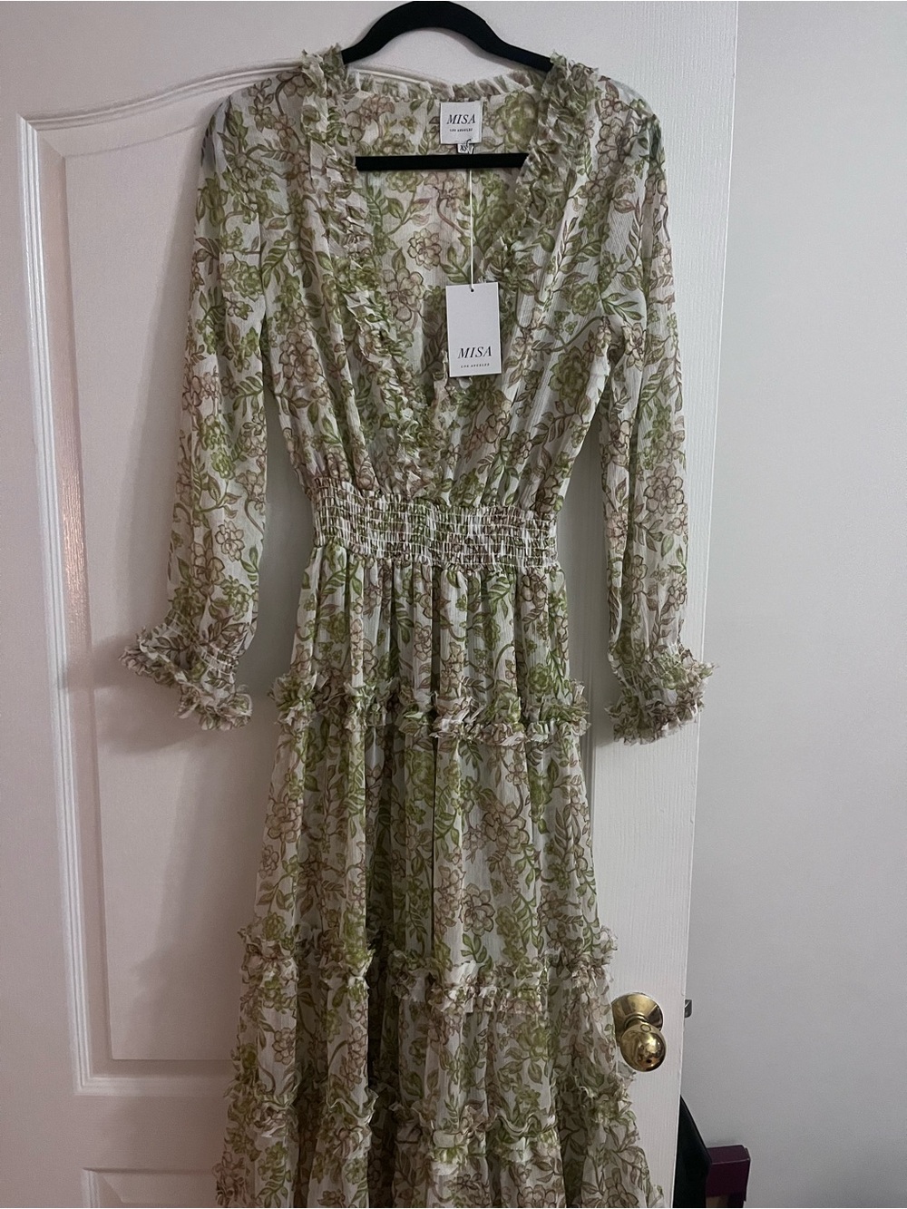 Misa Los Angeles White and Green Floral Long Sleeve Maxi Dress